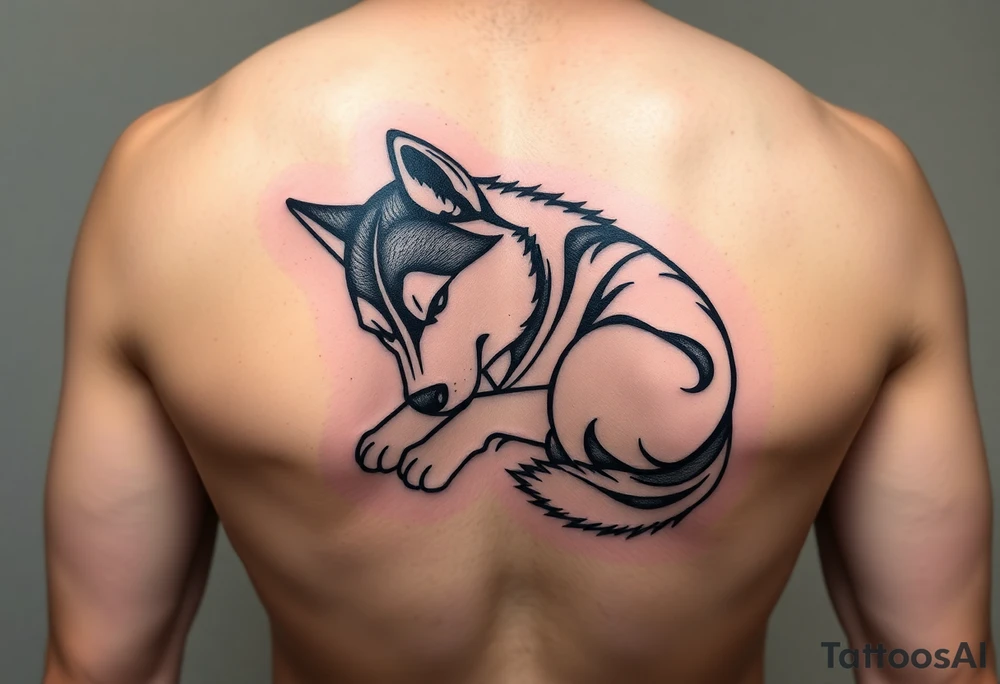 Majestic Siberian husky curled up napping tattoo idea