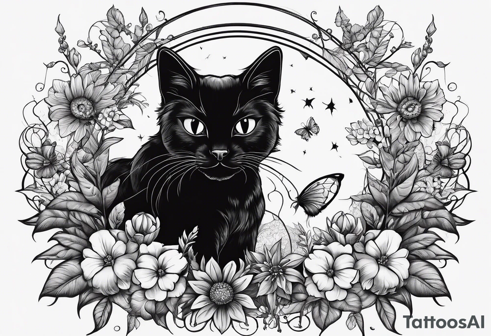 Ethereal witchy garden black cat spider black wudow tattoo idea