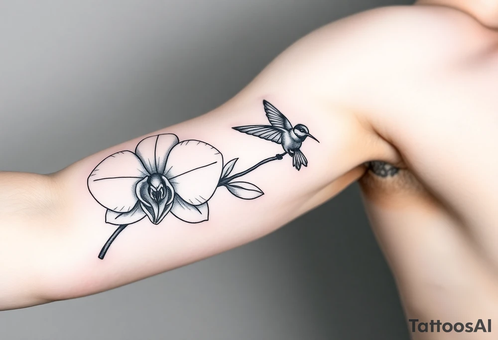 A delicate, black and white fine-line tattoo for male, featuring gracefully detailed 2 orchids in full bloom including their stems, with soft, intricate petals and elegant curves. Beside it, a hummingbird hovers mid-flight, its wings drawn with subtle motion lines, its slender beak reaching toward the orchid’s center to drink its nectar. on the other flower there is a bee that is resting tattoo idea