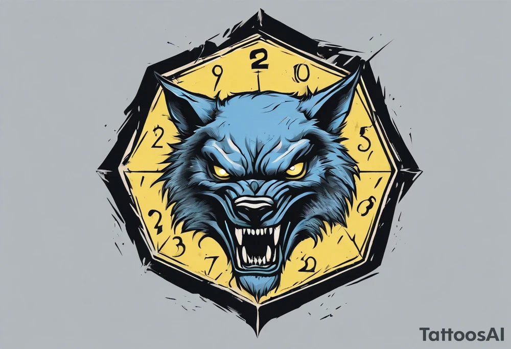 A large 20 sided Dice in the center and the front with numbers on the dice and wolverine claw marks framing the area underneath the dice and a werewolf howling at the moon in the background, and blue and yellow faded background color tattoo idea
