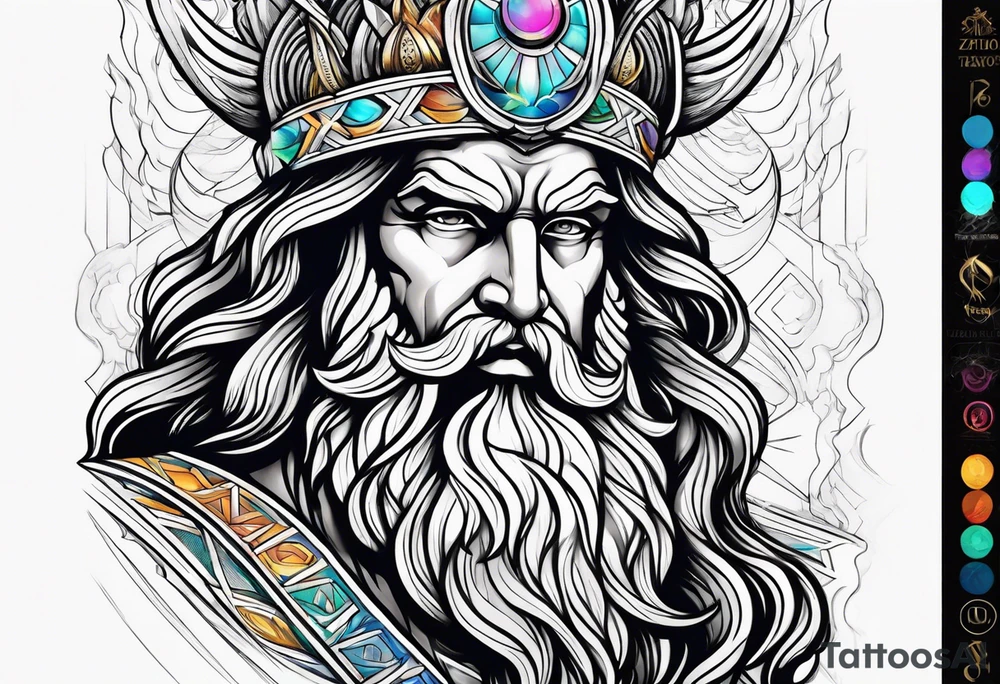 powerful majestic zeus, colorful tattoo idea
