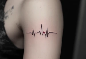 Delicate heartbeat line ending in "Lucie – 06.08.2016 v 2:22" in wine red ink. tattoo idea