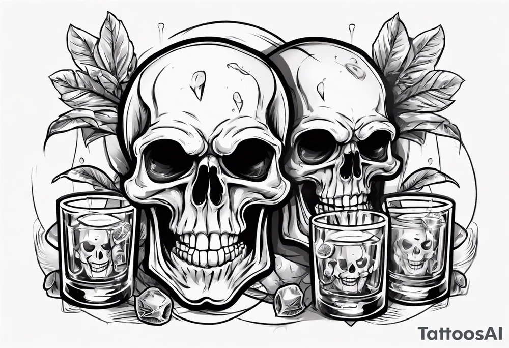 A smiling scull inside the glass with alcohol and piece of lime tattoo idea