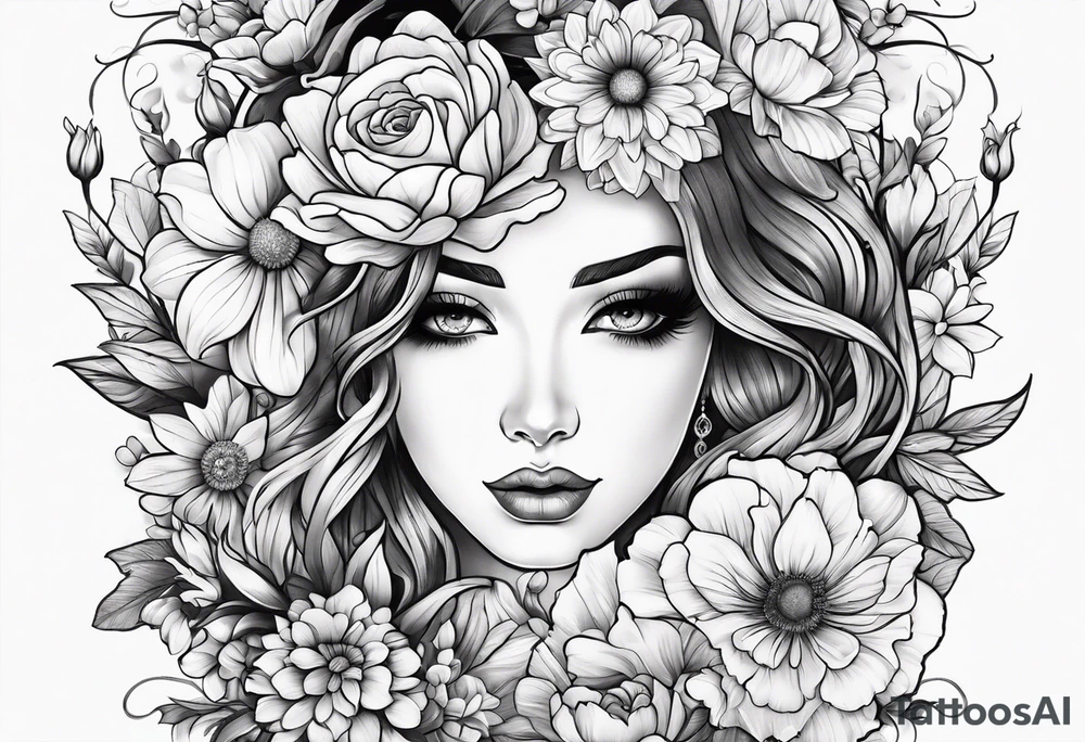 The number seven surrounded by colorful flowers tattoo idea