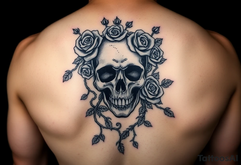 gothic skull intertwined with climbing roses and thorny vines tattoo idea