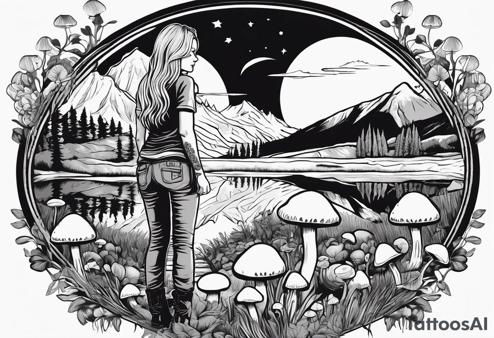 Whole picture encircled fully

Straight long blonde hair hippie girl in distance holding mushrooms in hand facing away toward mountains and creek surrounded by mushrooms long sleeve shirt and hiking pants; whole rendering within a full circle, no cut off circle tattoo idea