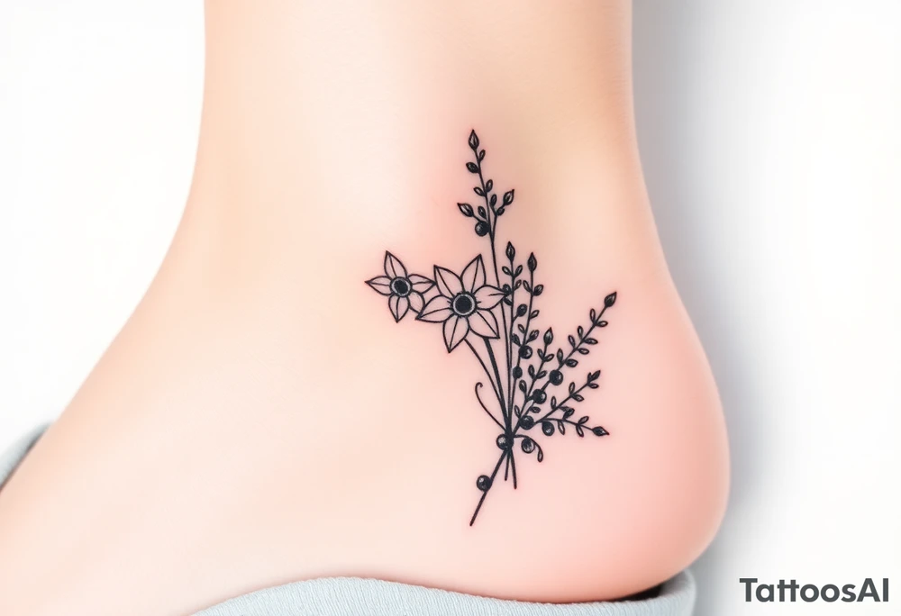 Bouquet of birth months flowers Lilly of the valley, daffodil, larkspur and Ilex aquifolium with berries tattoo idea