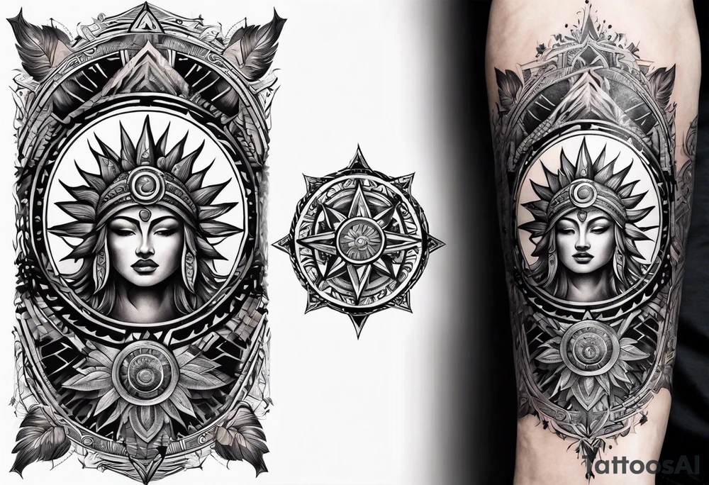 Sun in the middle with warrior symbols around it tattoo idea