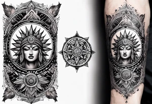 Sun in the middle with warrior symbols around it tattoo idea