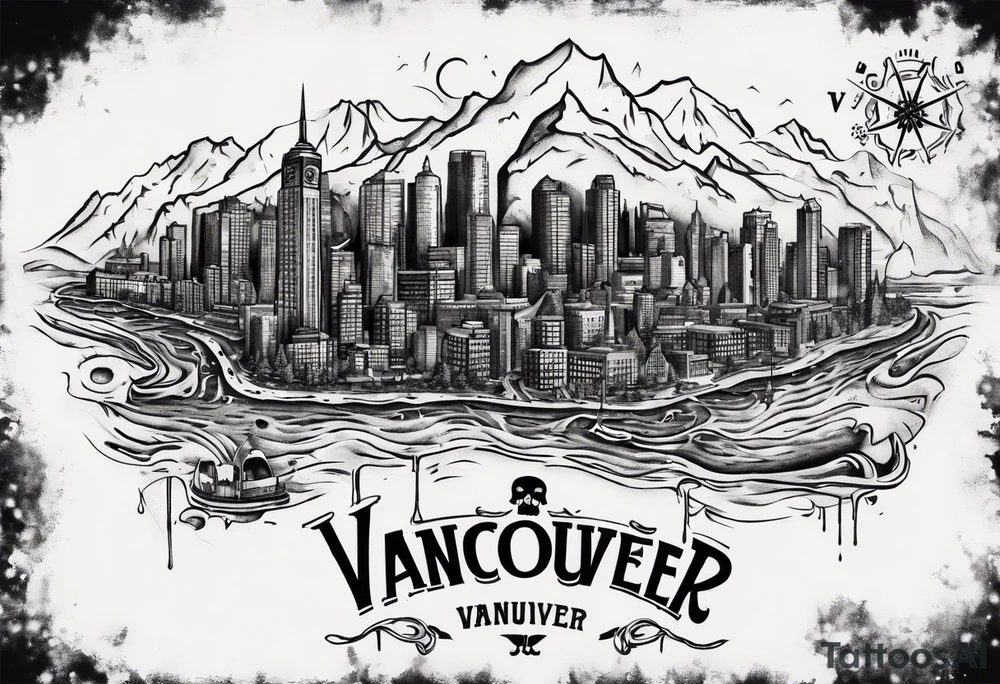 A overview old school map of vancouver B.C with water drop staining and a skull tattoo idea