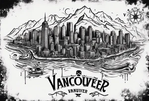 A overview old school map of vancouver B.C with water drop staining and a skull tattoo idea