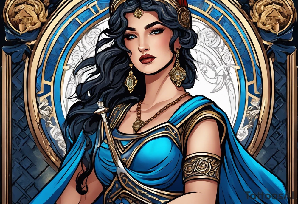 ancient rome clothes women, with Libra in one hand and a sword in the other, blue rose frames tattoo idea