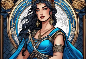 ancient rome clothes women, with Libra in one hand and a sword in the other, blue rose frames tattoo idea