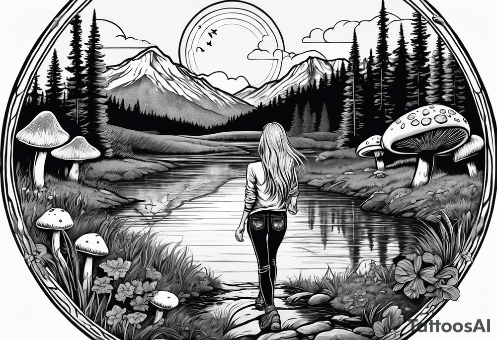 Whole picture encircled fully

Straight long blonde hair hippie girl in distance holding mushrooms in hand facing away toward mountains and creek surrounded by mushrooms long sleeve shirt and hiking pants; whole rendering within a full circle, no cut off circle tattoo idea