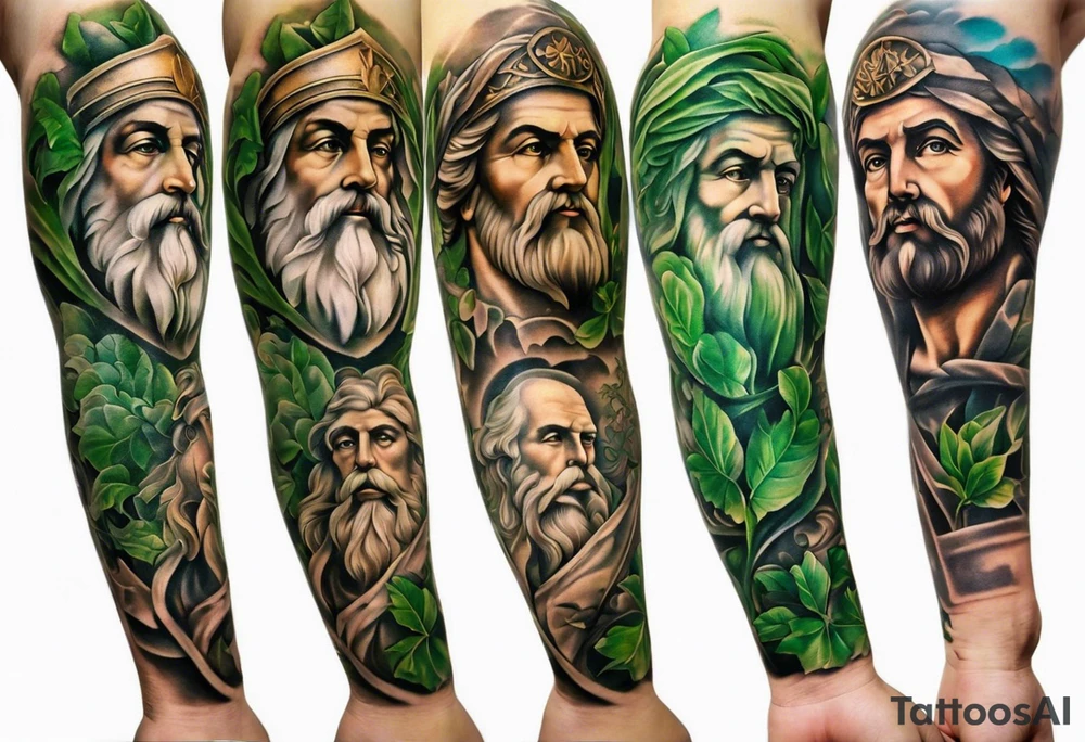a tattoo full sleeve of stoic heroes in statue form including plato, socrates, alexander the great, julius ceasar, aristotle, pythagorus and william marshal. small amounts of Green english vine plant running through the whole tattoo. all fit on one arm. tattoo idea