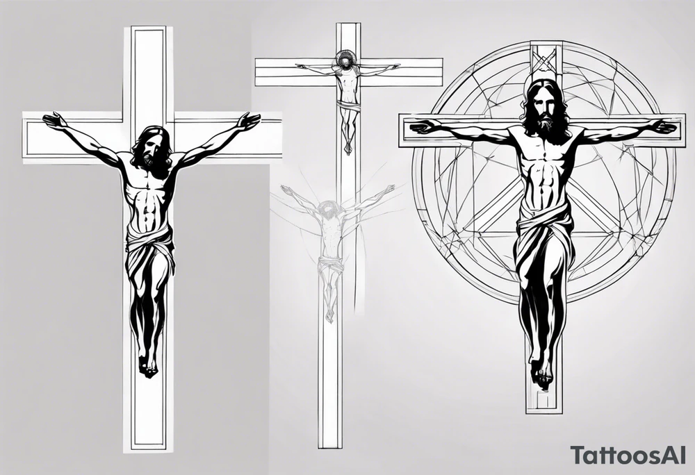 Geometric Vitruvian man with light lines in the background and Jesus on the cross in front tattoo idea