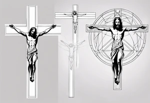 Geometric Vitruvian man with light lines in the background and Jesus on the cross in front tattoo idea