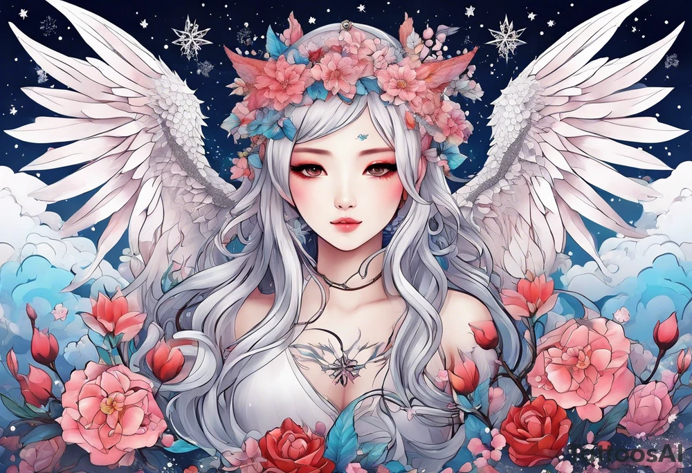 Constellation, wing , snow , cross , dragon female japan kawaii , flower tattoo idea