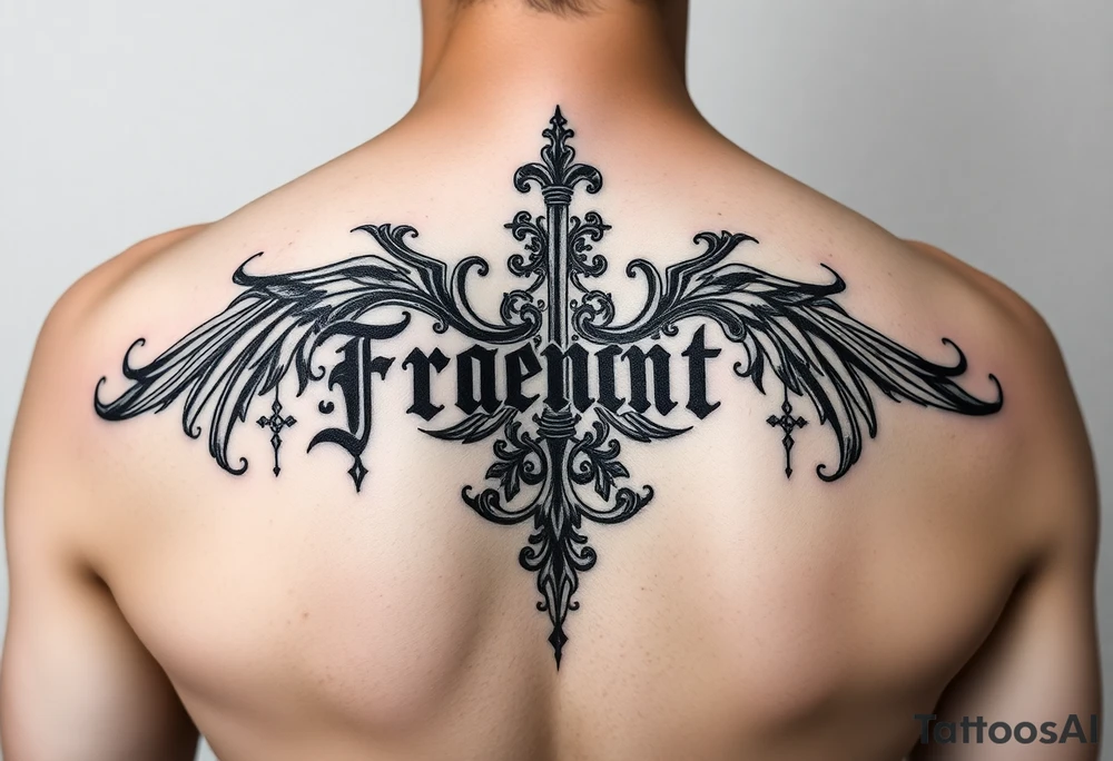 Gothic french on a woman’s back tattoo idea