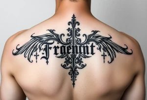 Gothic french on a woman’s back tattoo idea
