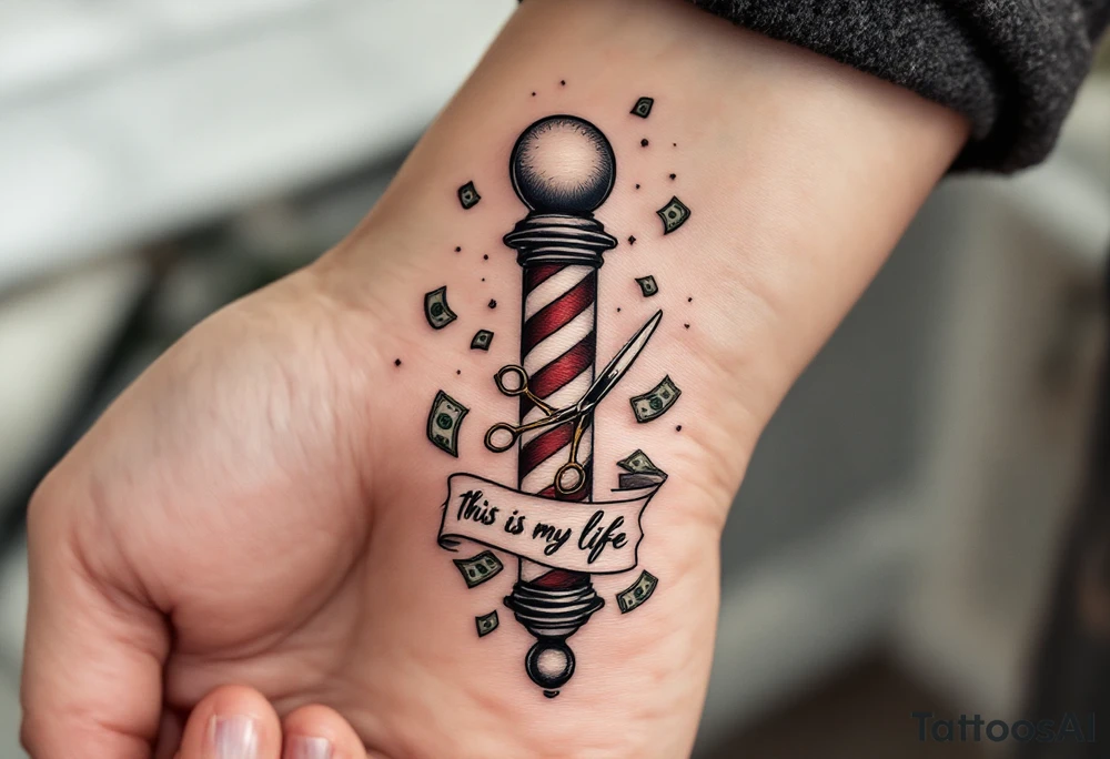 Barber Pole with scissors raining money 
           THIS IS MY LIFE 
                      (2022) tattoo idea