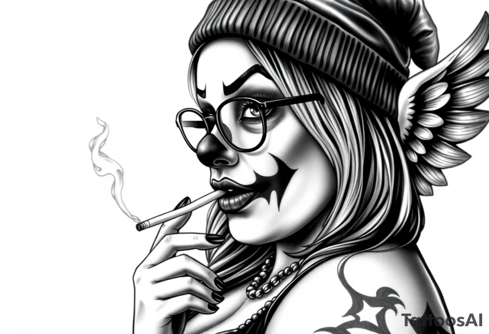 Chicana BBL fat sexy chunky plus size beautiful long hair clown makeup angel wings thug beanie eyeglasses smoking a cigarette tattoo idea
