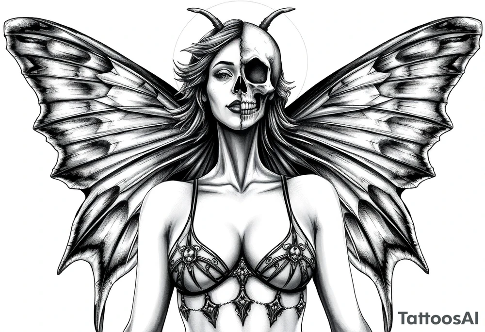 ethereal lunar moth resemblance powerfully sexy depiction of the goddess estate nude full frontal with exotic erotic lingerie orgasmic stare realistic the hottest depiction of the goddess of Love and war basking in the sun high above half of face is skeleton the other half beautiful tattoo idea