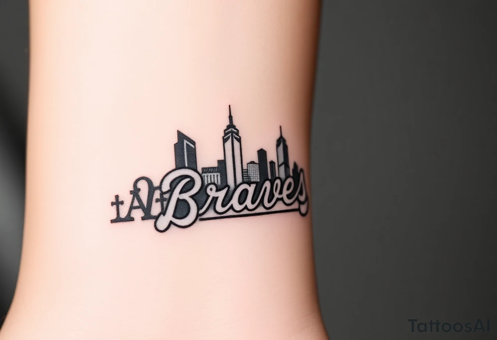 3D layered Atlanta skyline with Atlanta Braves letter logo tattoo idea