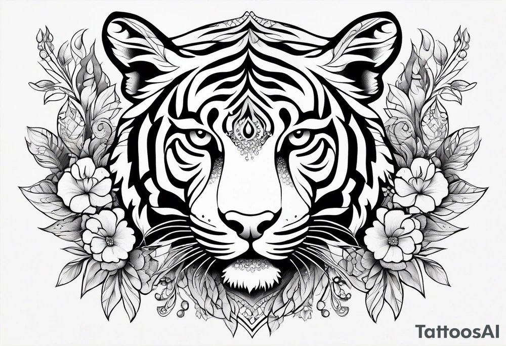 black and white feminine tiger tattoo with floral design and filigree, feminine tattoo idea