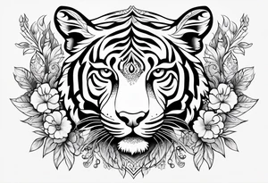 black and white feminine tiger tattoo with floral design and filigree, feminine tattoo idea