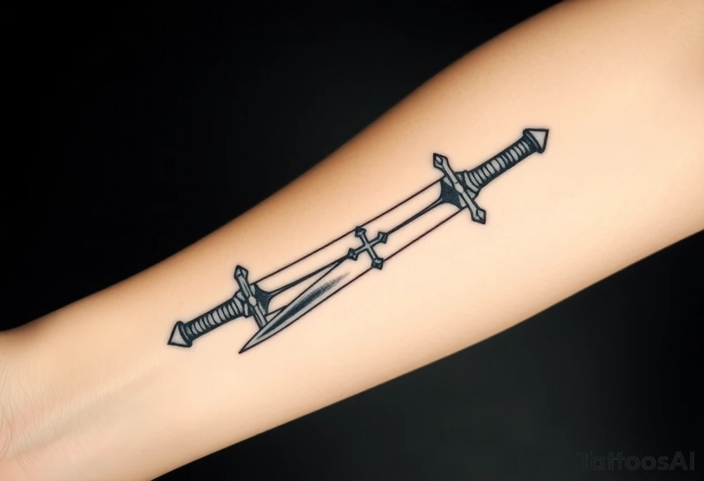 Two swords laying flat on each other with a decent design on them and with a cross or something on the handle of them I want the swords to be straight tattoo idea