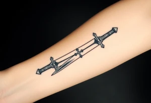 Two swords laying flat on each other with a decent design on them and with a cross or something on the handle of them I want the swords to be straight tattoo idea