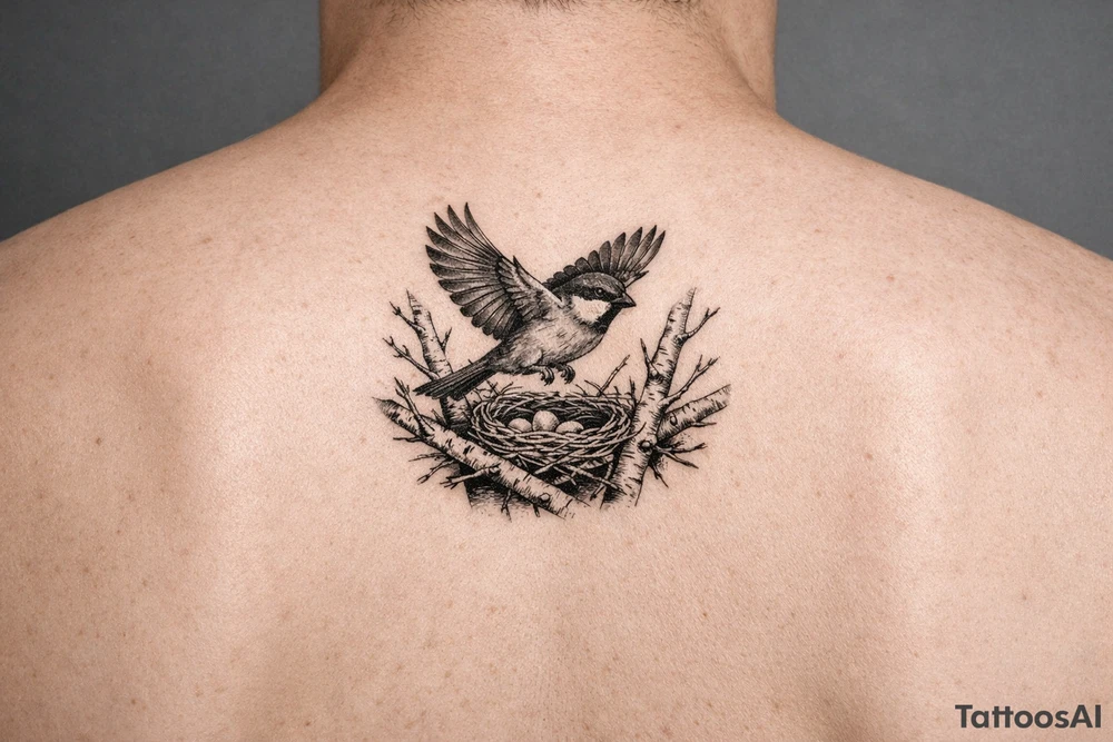 fine line black and grey tattoo of a detailed sparrow taking flight from a simple nest nestled in silver birch branches on upper arm outter bicep tattoo idea