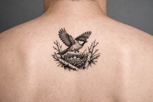 fine line black and grey tattoo of a detailed sparrow taking flight from a simple nest nestled in silver birch branches on upper arm outter bicep tattoo idea