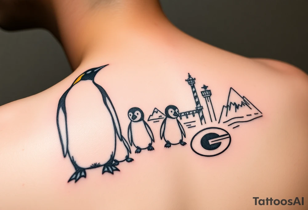 compilation outlining important things in my life such as one adult emperor penguin and 3 baby penguins, celtic trinity knot, lighthouse, mountains/nature, the green bay packers, and something to represent my 3 boys tattoo idea
