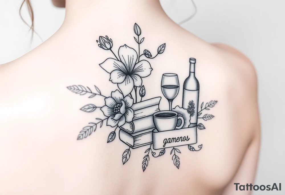 Flor de lótus, livros, vinhos, cafés, viagens e signo de gêmeos tudo junto no braço, tatto pequena tattoo idea