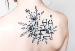 Flor de lótus, livros, vinhos, cafés, viagens e signo de gêmeos tudo junto no braço, tatto pequena tattoo idea