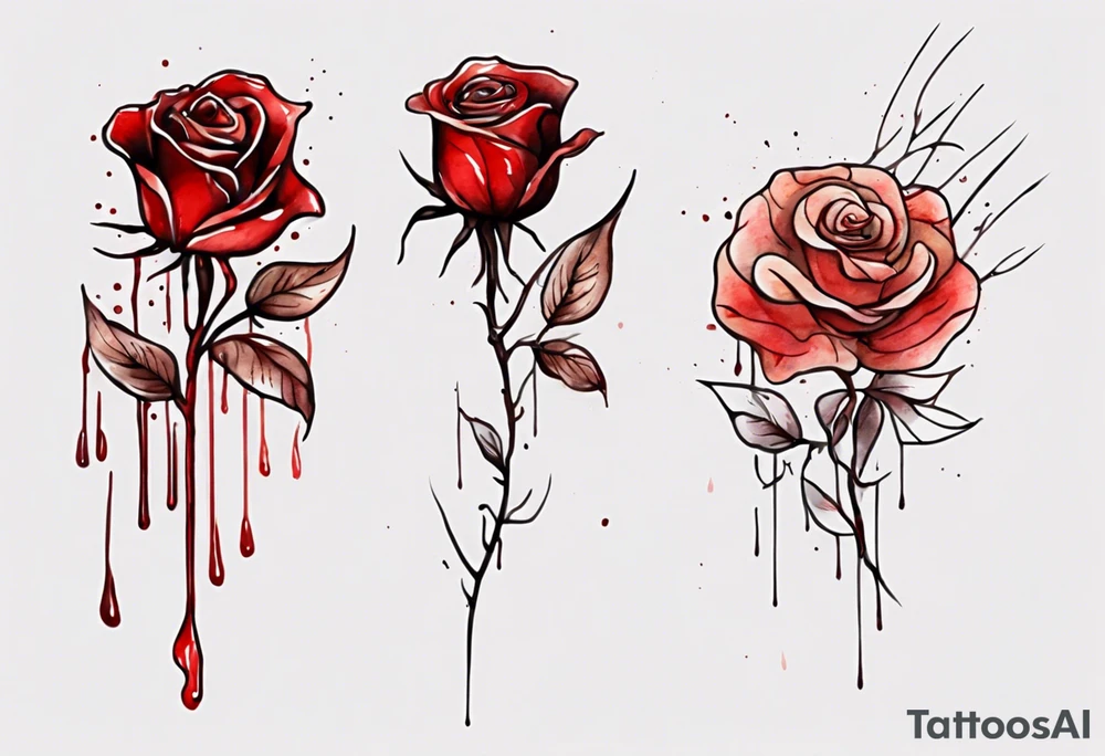 rose flower, one line, red blood dripping from the flower, tall, watercolor on light brown skin tattoo idea