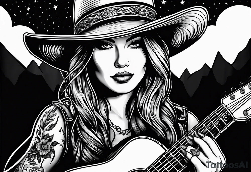 Acoustic Guitar cowgirl by a campfire tattoo idea