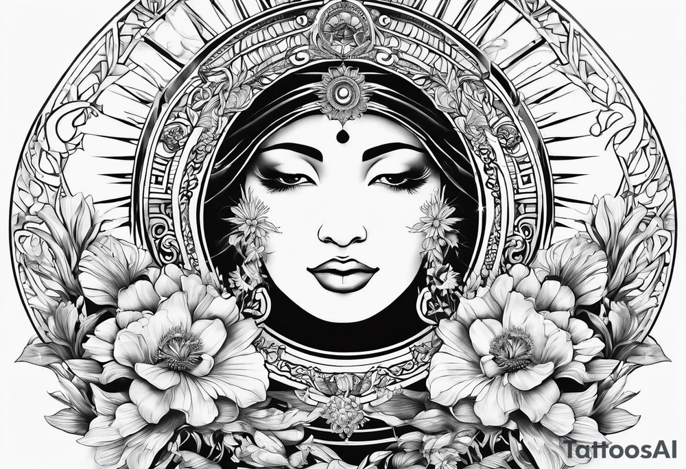 om, sparrow, sunrays, staircase, cosmos, iris, daisy tattoo idea