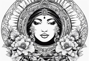 om, sparrow, sunrays, staircase, cosmos, iris, daisy tattoo idea