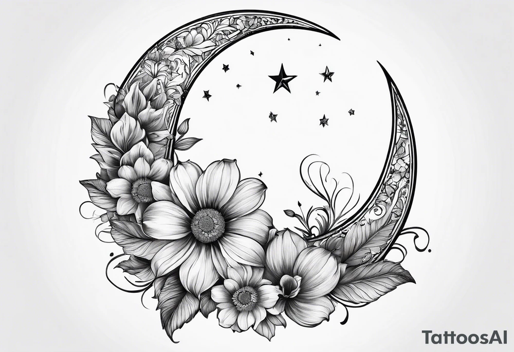 Crescent moon made out of flowers facing to the right tattoo idea