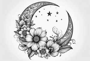 Crescent moon made out of flowers facing to the right tattoo idea