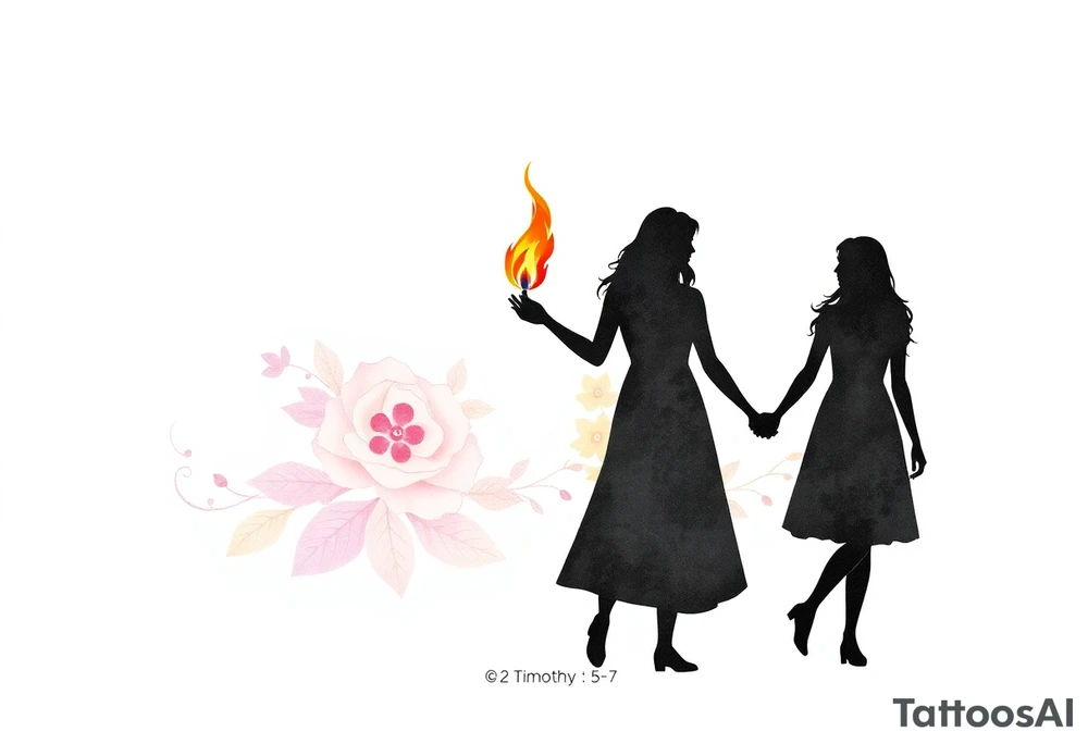 Silhouette of grandmother, mother and daughter passing a flame from oldest to youngest with the flame growing as it goes. Make the flame in watercolor motif and the silhouettes simple. Incorporate the words power, love and sound mind. Or 2 Timothy: 5-7 tattoo idea