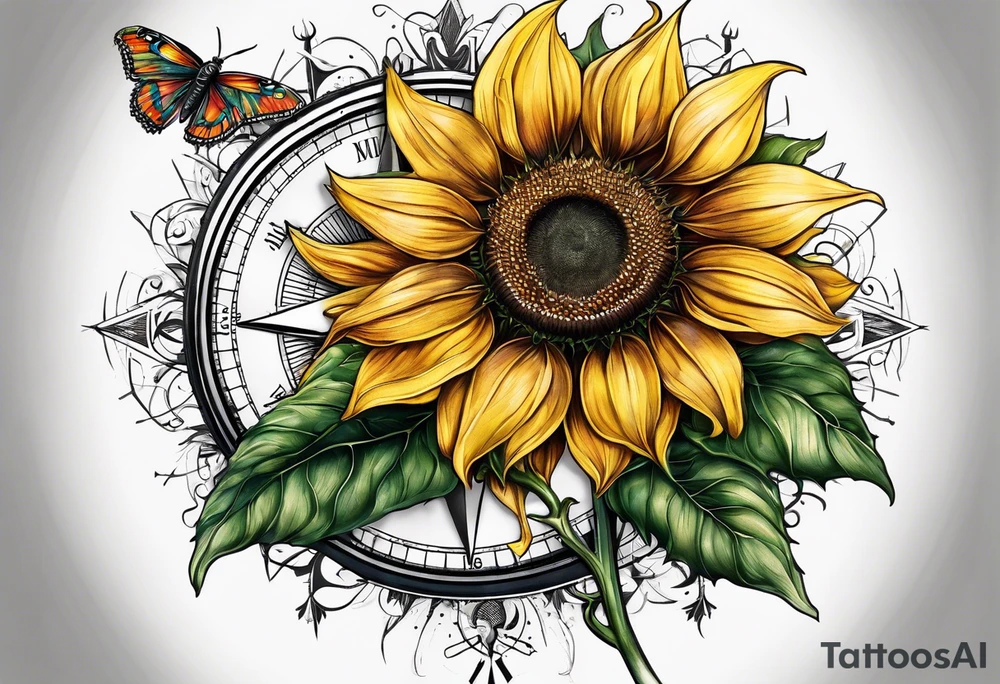 Sunflower next to a compass tattoo idea