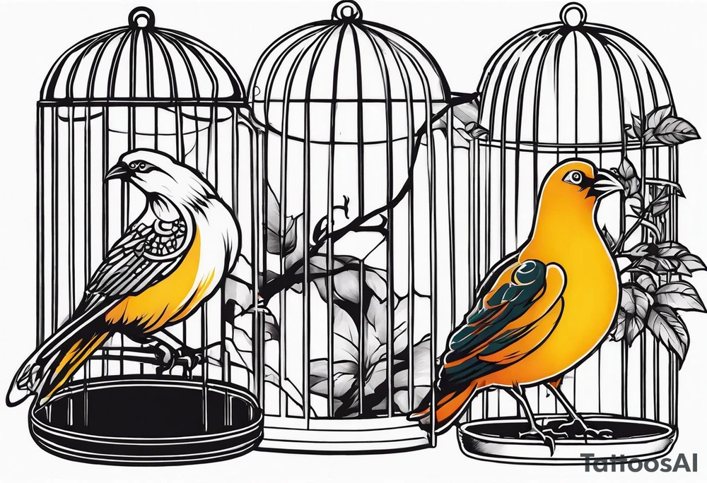 neo traditional decoration only on the left side, on the top of a long bird cage with a too big bird in it. no color tattoo idea