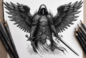 realistic full body of black angel of death, no face, face is not visible, with wings holding one sword in both hands, the sword is held edge toward the ground tattoo idea