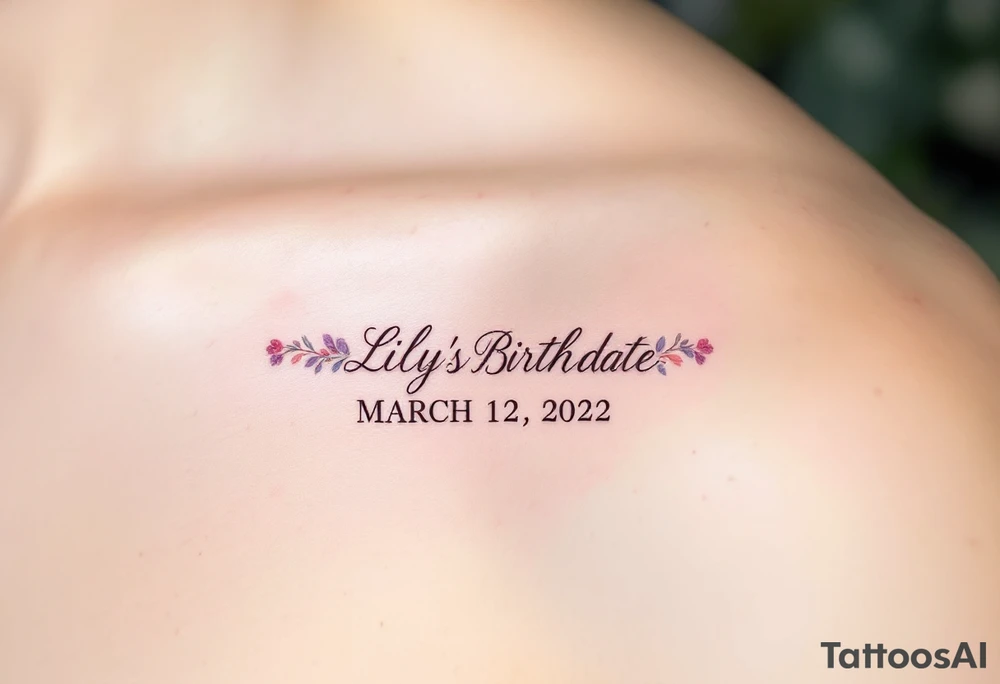 Lily's Birthdate (March 12, 2022) – A delicate rose pink and lavender floral design encircles Lily's birthdate in elegant cursive, with tiny gold accents around the numbers. tattoo idea