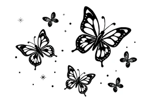 Simple outline of flying butterflies with lots of sparkles and bubbles tattoo idea