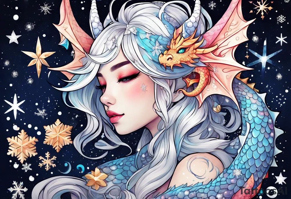 Constellation, kawaii dragon girl , snowflake tattoo idea